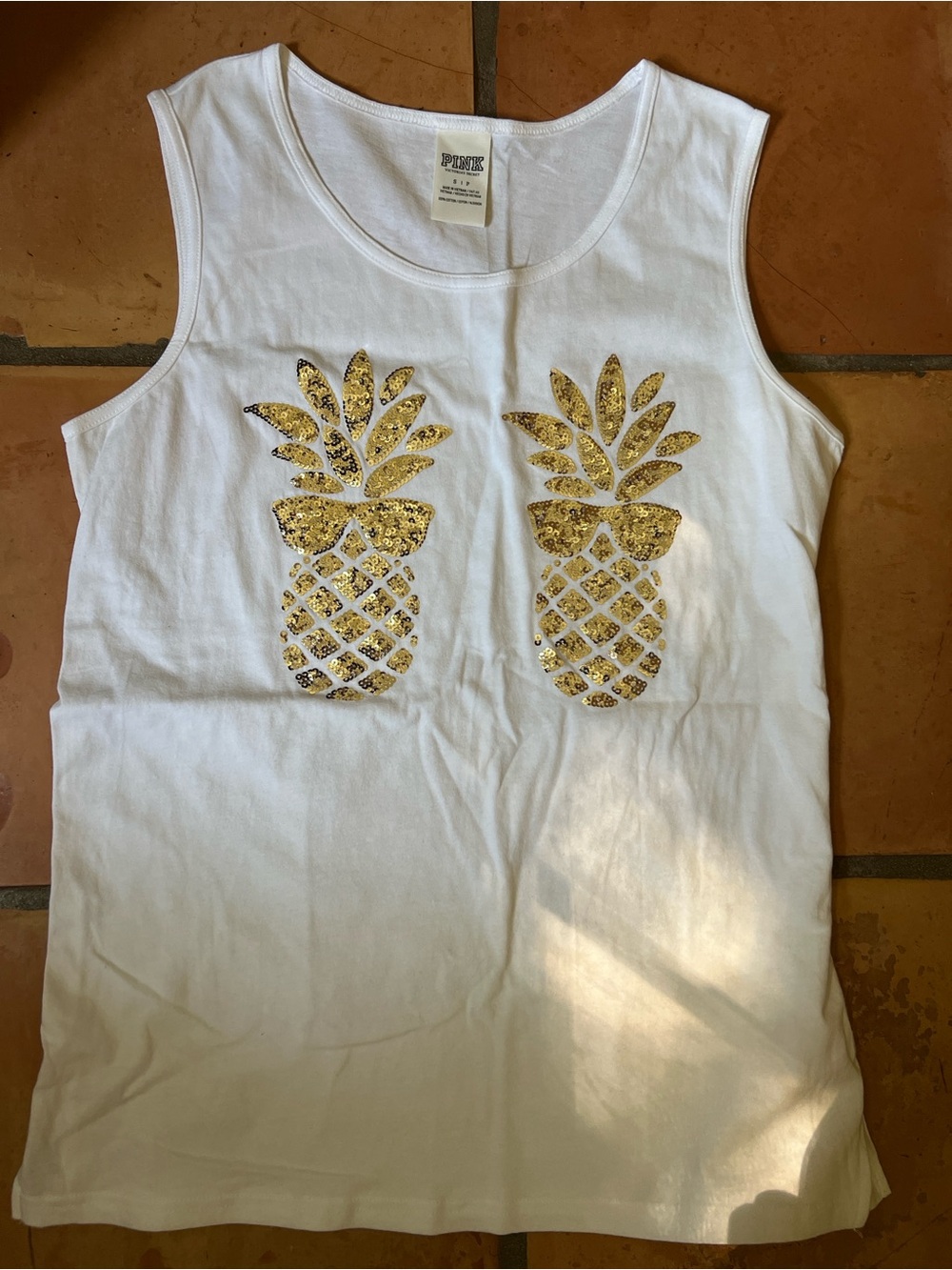 PINK by VS bling tank gold pineapple Holiday 2015 collection sz sm oversized